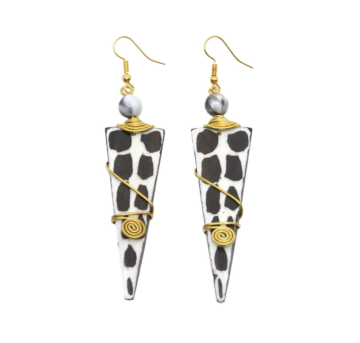 Kenyan Bead, Brass and Bone Long Triangle Earring