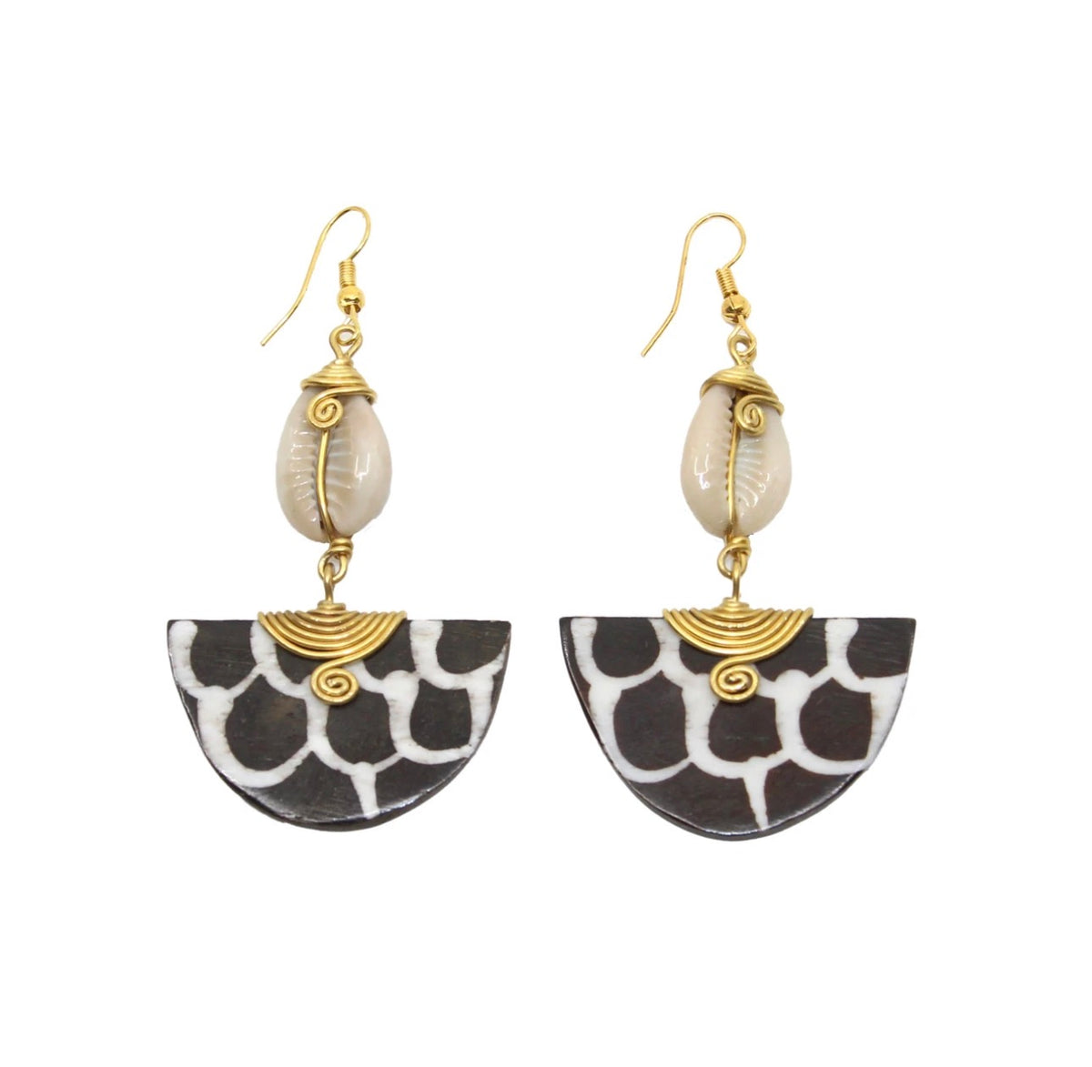 Black/White Cowrie Brass & Bone Half-Moon Earrings