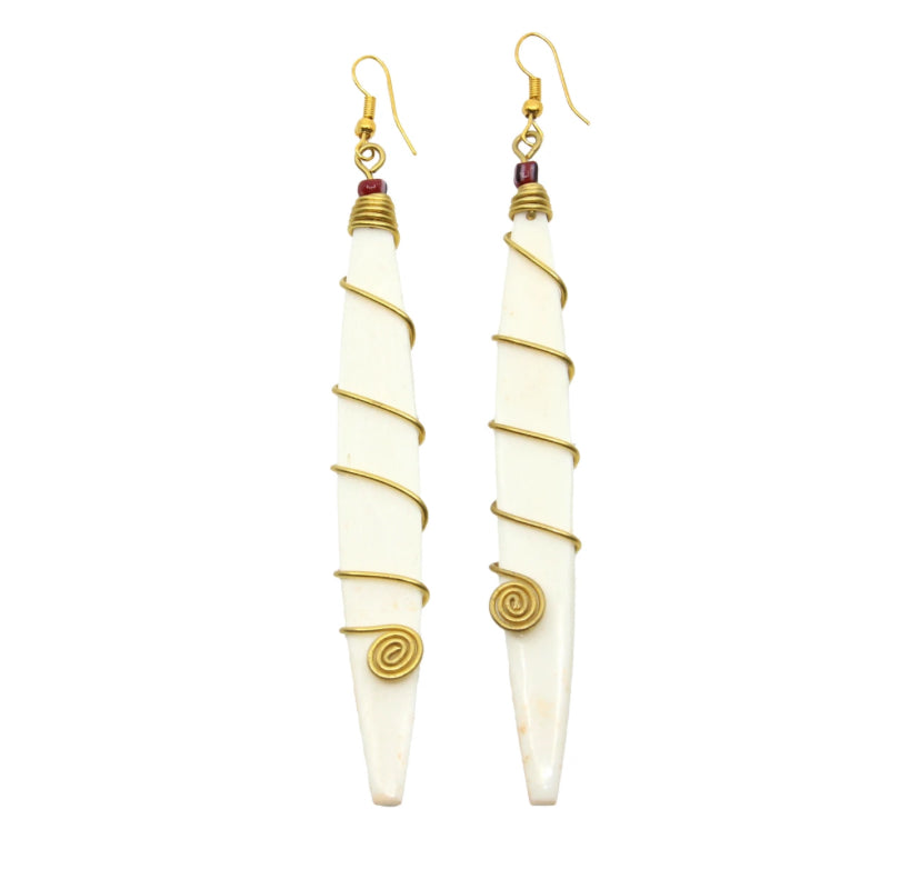 Long Bone, Bead, & Brass Earring