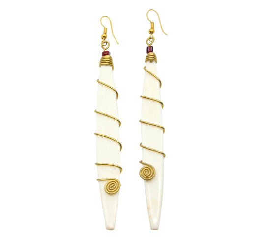 Long Bone, Bead, & Brass Earring