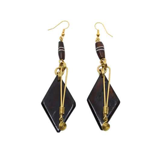 Diamond-shaped Brass & Bone Hanging Earring